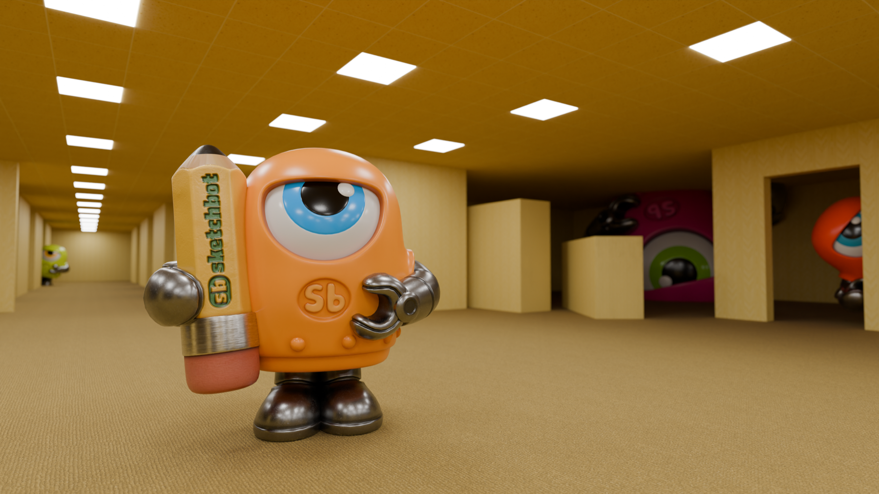 Sketchbot holding his pencil in the yellow halls of the Backrooms